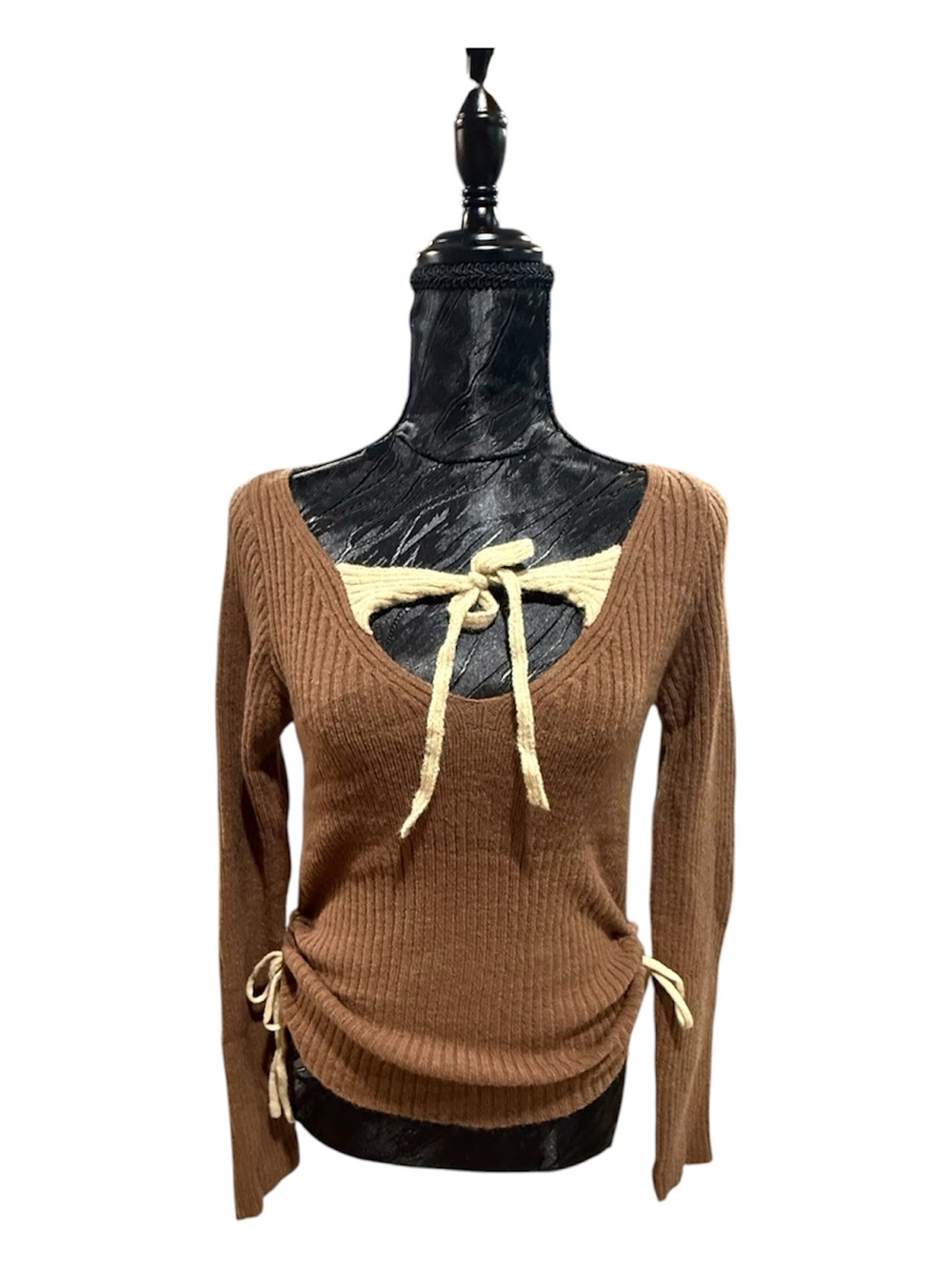 Cider Brown Ribbed Sweater with Cream Tie Accents